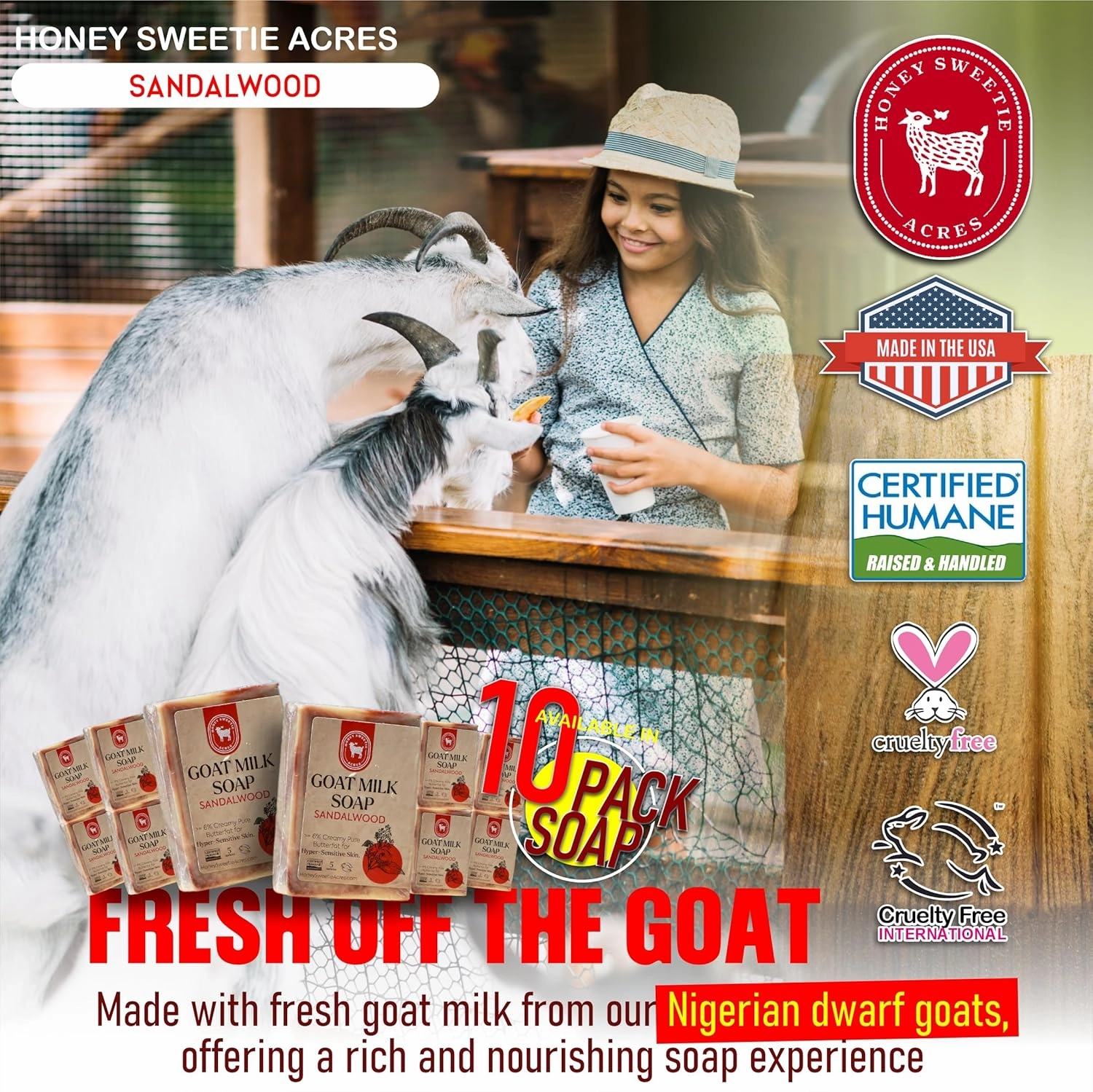 Honey Sweetie Acres 10-Pack of Sandalwood Goat Milk Soap - Handmade 5 oz Bar, Made with Natural Ingredients, Moisturizing & Gentle, Made in the USA