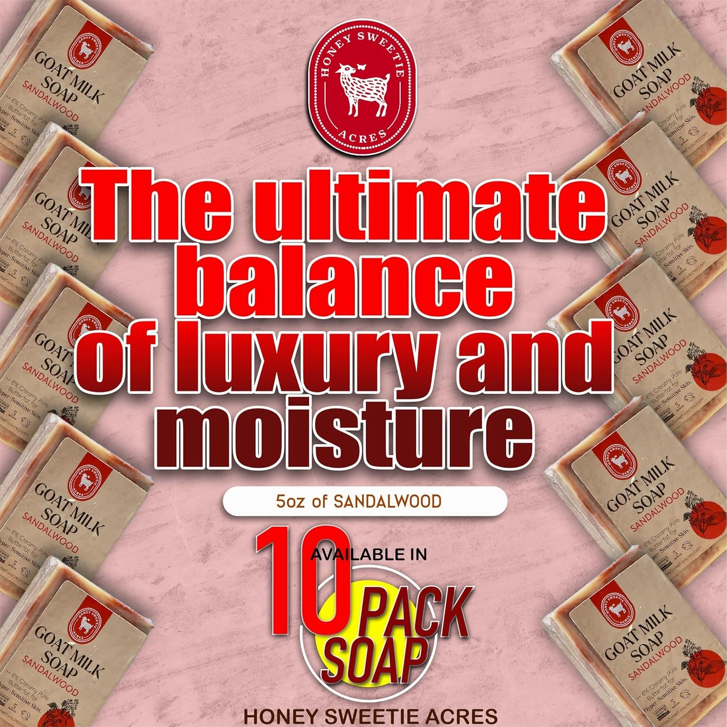 Honey Sweetie Acres 10-Pack of Sandalwood Goat Milk Soap - Handmade 5 oz Bar, Made with Natural Ingredients, Moisturizing & Gentle, Made in the USA