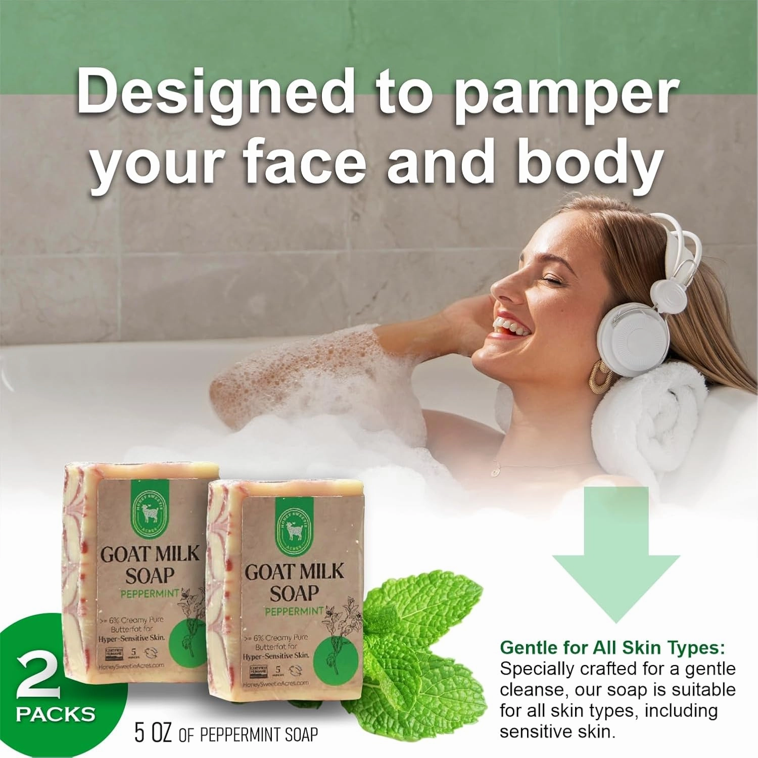 Honey Sweetie Acres 2-Pack Peppermint Goat Milk Soap - Handmade 5 oz Bar, Made with Natural Ingredients, Moisturizing & Gentle, Made in the USA