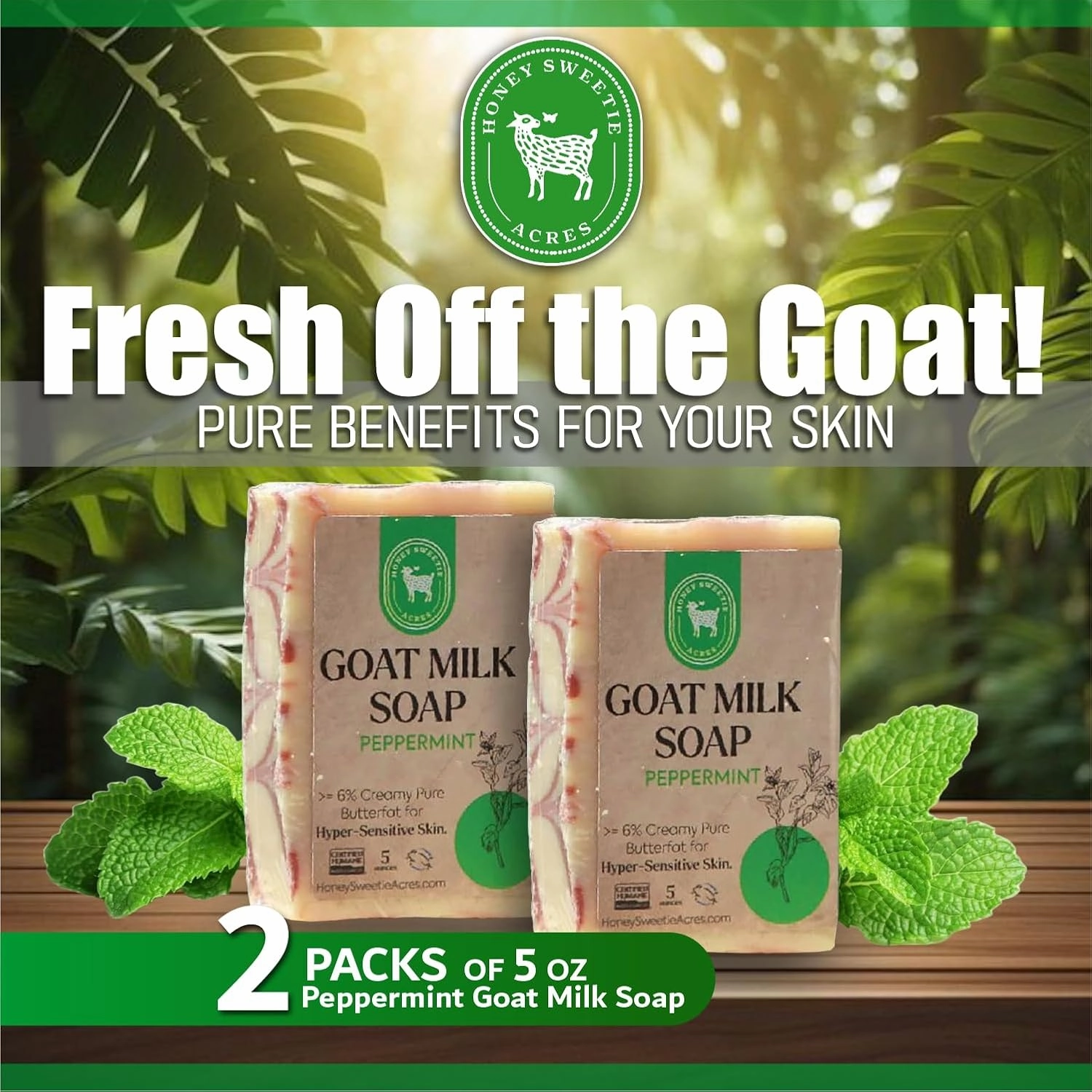 Honey Sweetie Acres 2-Pack Peppermint Goat Milk Soap - Handmade 5 oz Bar, Made with Natural Ingredients, Moisturizing & Gentle, Made in the USA