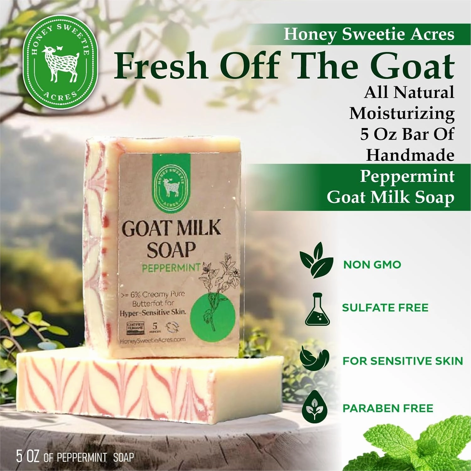Honey Sweetie Acres 2-Pack Peppermint Goat Milk Soap - Handmade 5 oz Bar, Made with Natural Ingredients, Moisturizing & Gentle, Made in the USA