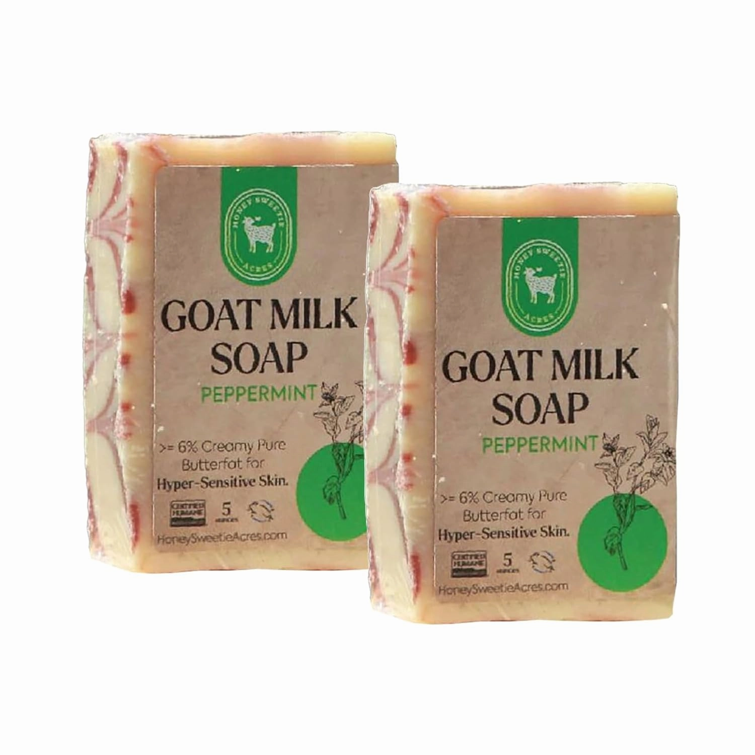 Honey Sweetie Acres 2-Pack Peppermint Goat Milk Soap - Handmade 5 oz Bar, Made with Natural Ingredients, Moisturizing & Gentle, Made in the USA