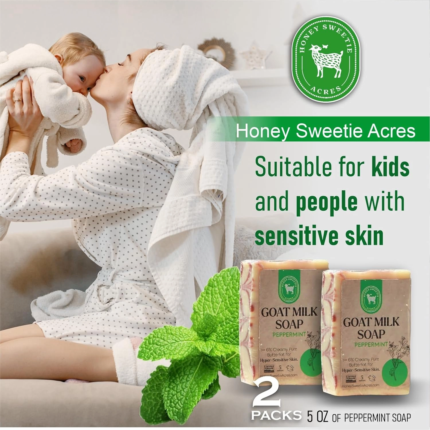 Honey Sweetie Acres 2-Pack Peppermint Goat Milk Soap - Handmade 5 oz Bar, Made with Natural Ingredients, Moisturizing & Gentle, Made in the USA