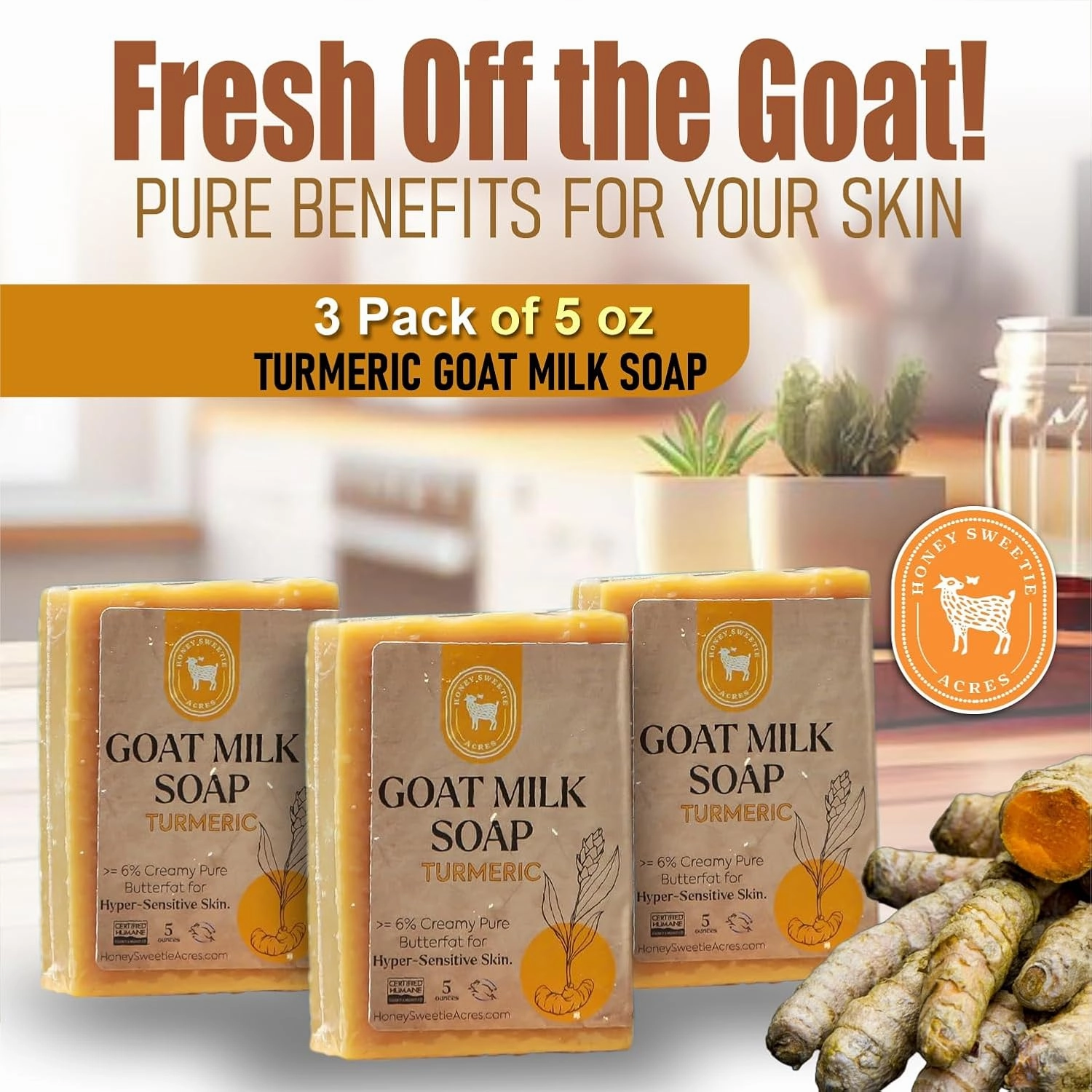 Honey Sweetie Acres 3-Pack Turmeric Goat Milk Soap - All Natural 5 oz Handmade Bar Soap – Moisturizing, Gentle for Sensitive Skin, Eco-Friendly, Made in the USA