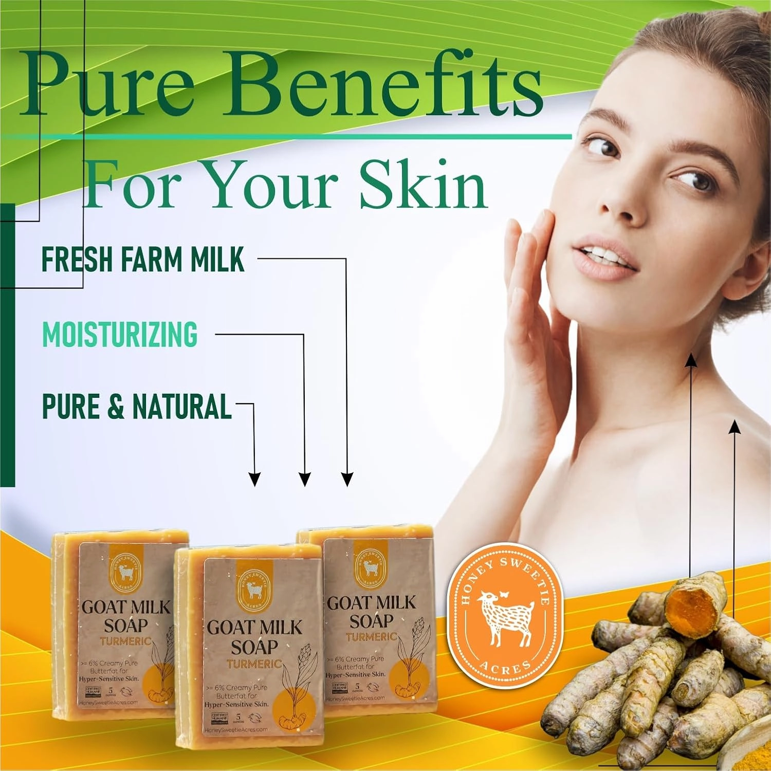 Honey Sweetie Acres 3-Pack Turmeric Goat Milk Soap - All Natural 5 oz Handmade Bar Soap – Moisturizing, Gentle for Sensitive Skin, Eco-Friendly, Made in the USA