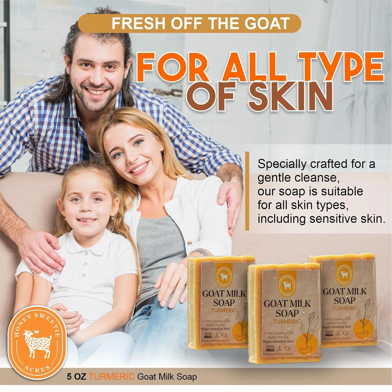 Honey Sweetie Acres 3-Pack Turmeric Goat Milk Soap - All Natural 5 oz Handmade Bar Soap – Moisturizing, Gentle for Sensitive Skin, Eco-Friendly, Made in the USA