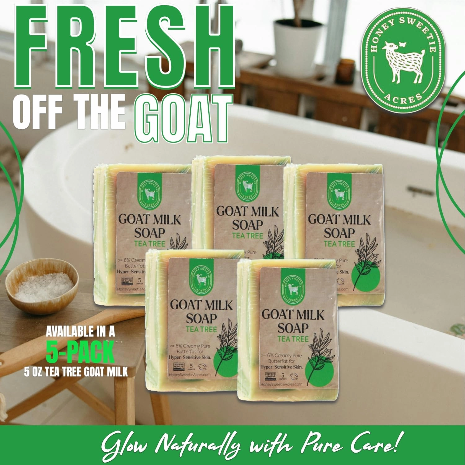 Honey Sweetie Acres 5-Pack Tea Tree Goat Milk Soap - Handmade 5 oz Bar, Made with Natural Ingredients, Moisturizing & Gentle, Made in the USA