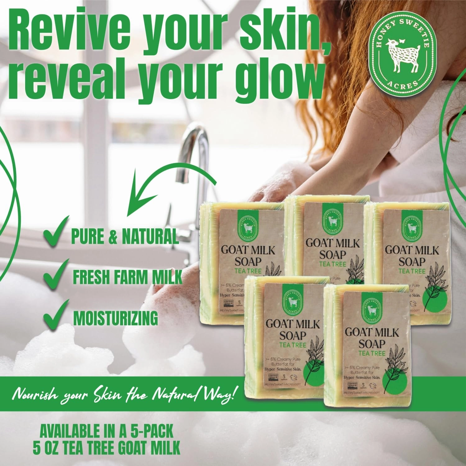 Honey Sweetie Acres 5-Pack Tea Tree Goat Milk Soap - Handmade 5 oz Bar, Made with Natural Ingredients, Moisturizing & Gentle, Made in the USA