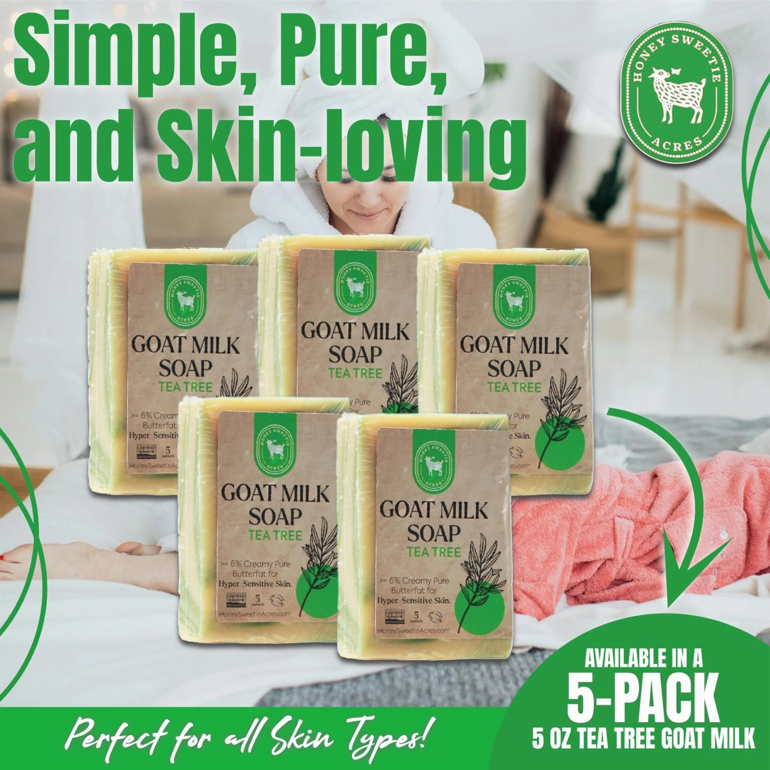 Honey Sweetie Acres 5-Pack Tea Tree Goat Milk Soap - Handmade 5 oz Bar, Made with Natural Ingredients, Moisturizing & Gentle, Made in the USA