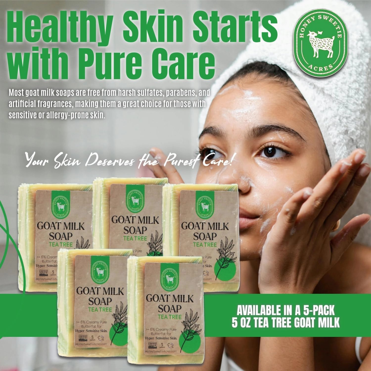 Honey Sweetie Acres 5-Pack Tea Tree Goat Milk Soap - Handmade 5 oz Bar, Made with Natural Ingredients, Moisturizing & Gentle, Made in the USA