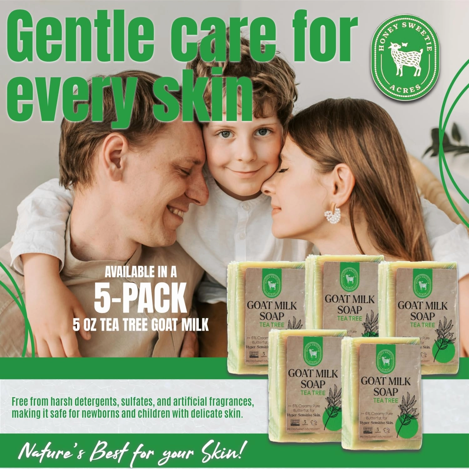 Honey Sweetie Acres 5-Pack Tea Tree Goat Milk Soap - Handmade 5 oz Bar, Made with Natural Ingredients, Moisturizing & Gentle, Made in the USA