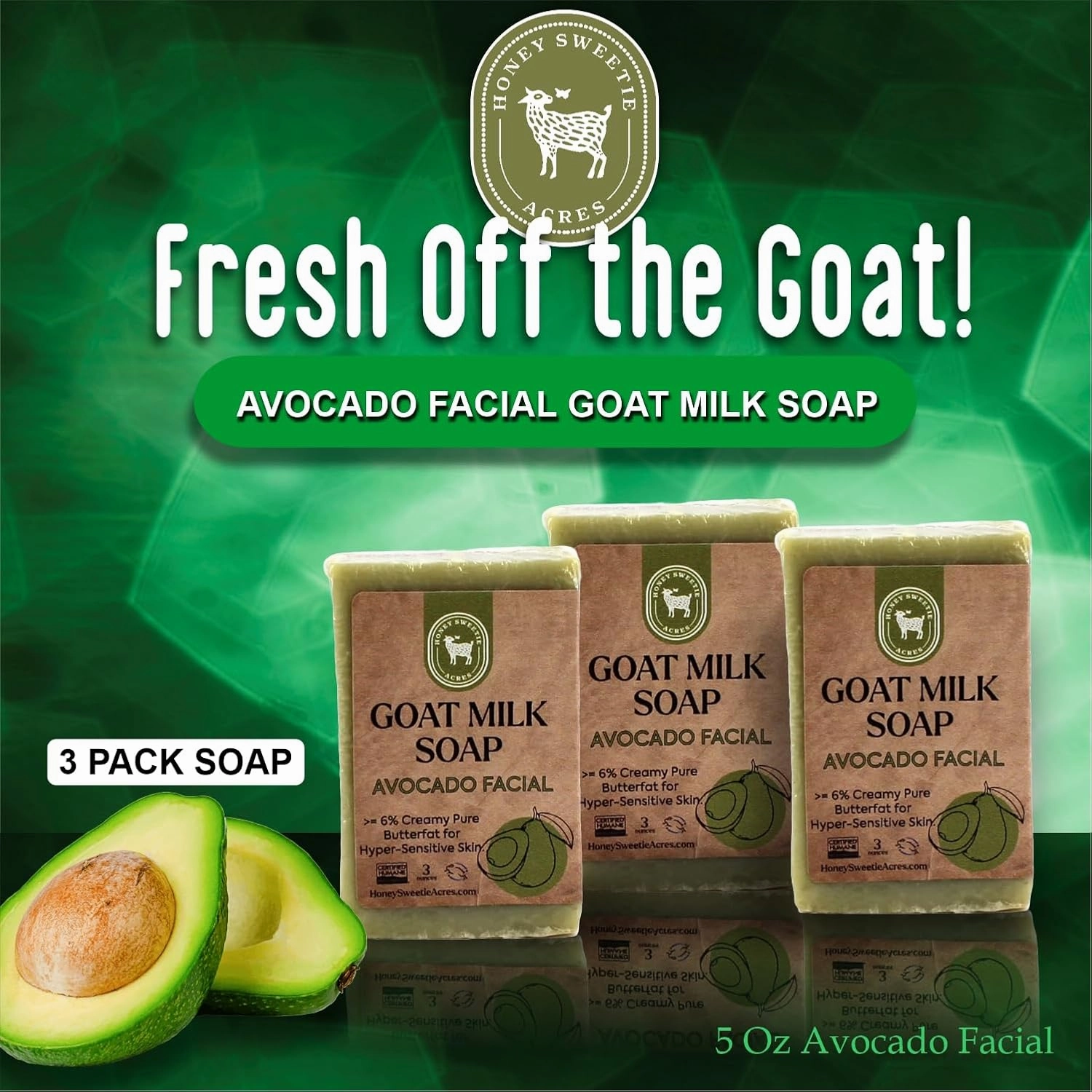 Honey Sweetie Acres Fresh Off The Goat All Natural Moisturizing 3-Pack of 3 Oz Avocado & Goat Milk Facial Cleansing Bar – Handcrafted, Eco-Friendly – Made in USA