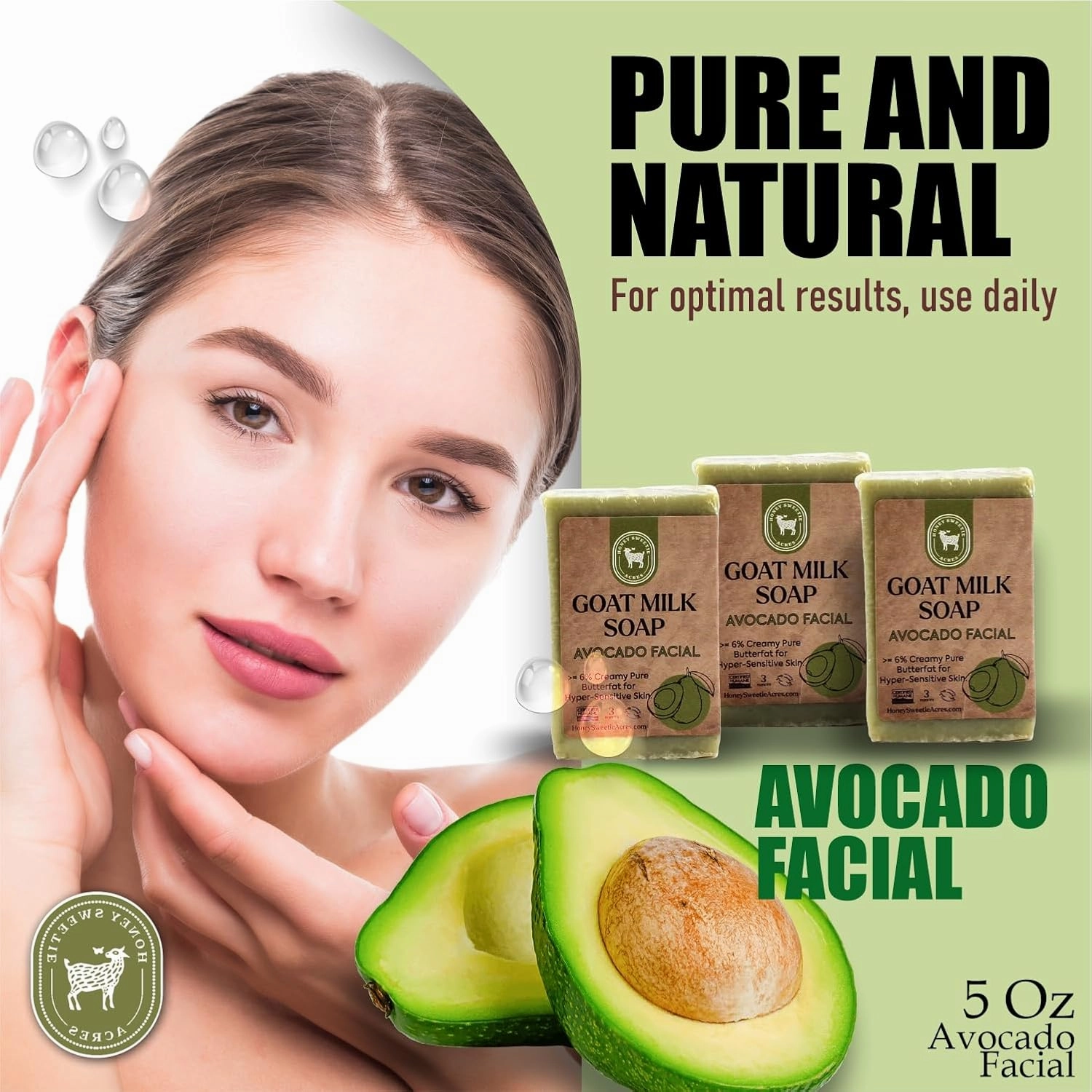 Honey Sweetie Acres Fresh Off The Goat All Natural Moisturizing 3-Pack of 3 Oz Avocado & Goat Milk Facial Cleansing Bar – Handcrafted, Eco-Friendly – Made in USA