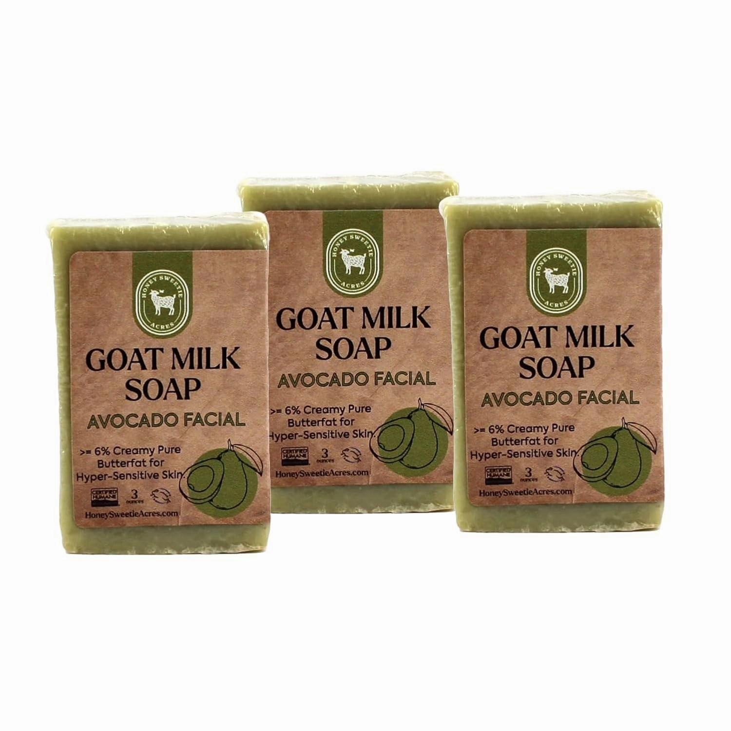 Honey Sweetie Acres Fresh Off The Goat All Natural Moisturizing 3-Pack of 3 Oz Avocado & Goat Milk Facial Cleansing Bar – Handcrafted, Eco-Friendly – Made in USA