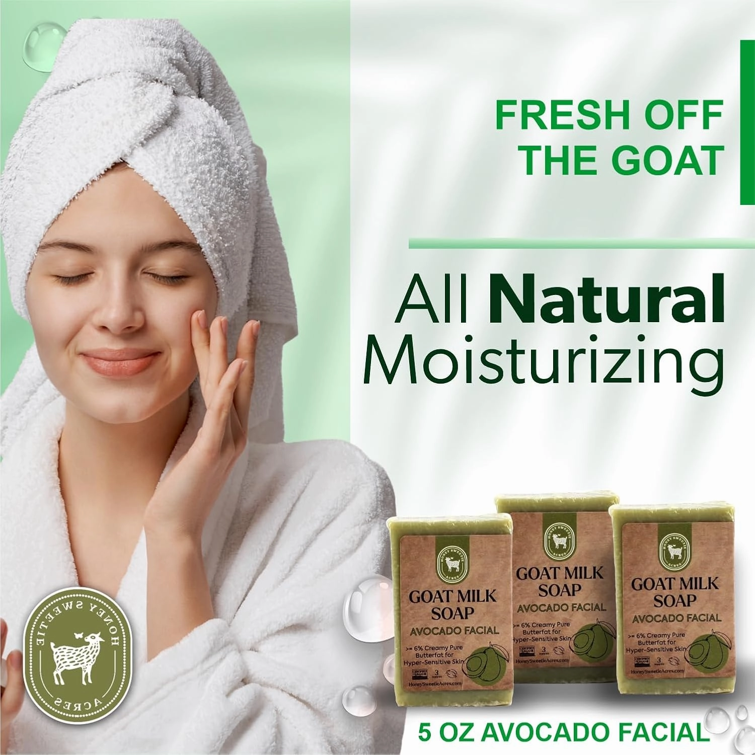 Honey Sweetie Acres Fresh Off The Goat All Natural Moisturizing 3-Pack of 3 Oz Avocado & Goat Milk Facial Cleansing Bar – Handcrafted, Eco-Friendly – Made in USA