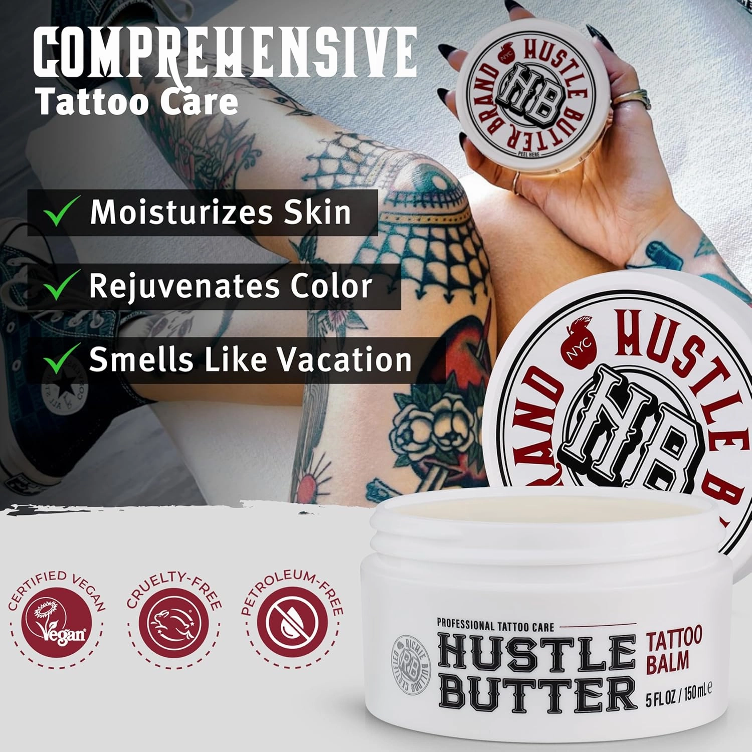 Hustle Butter Tattoo Soap & Aftercare Balm - Antibacterial Soap, Safe To Use While Healing, Vegan, No Petroleum - 5 Ounce Balm & 7 Ounce Tattoo Wash Kit
