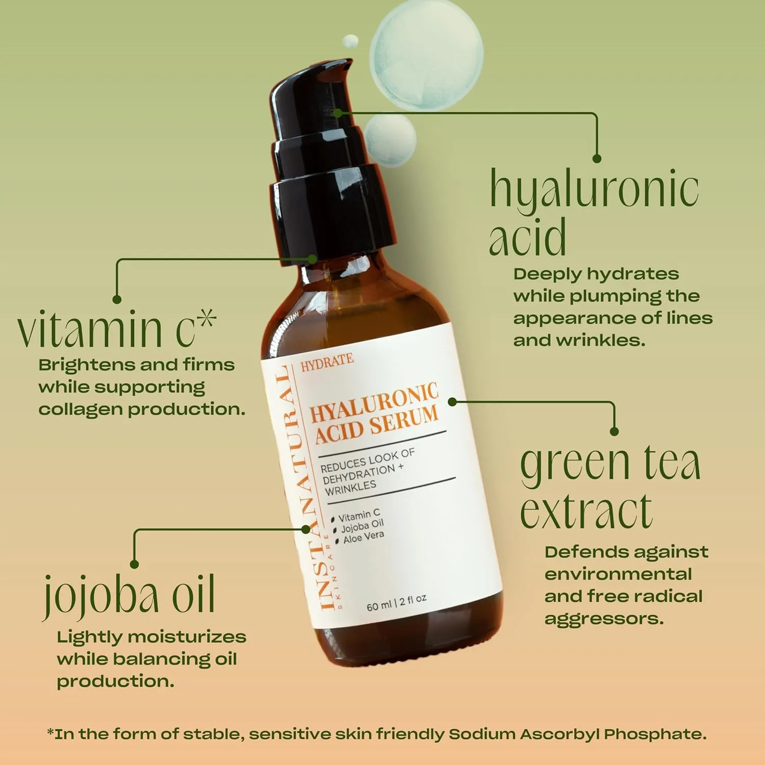 InstaNatural Hyaluronic Acid Serum for Face, Brightens, Hydrates, Reduces the Look of Fine Lines and Wrinkles, with Vitamin C, Jojoba Oil, and Aloe Vera, 2 Fl Oz