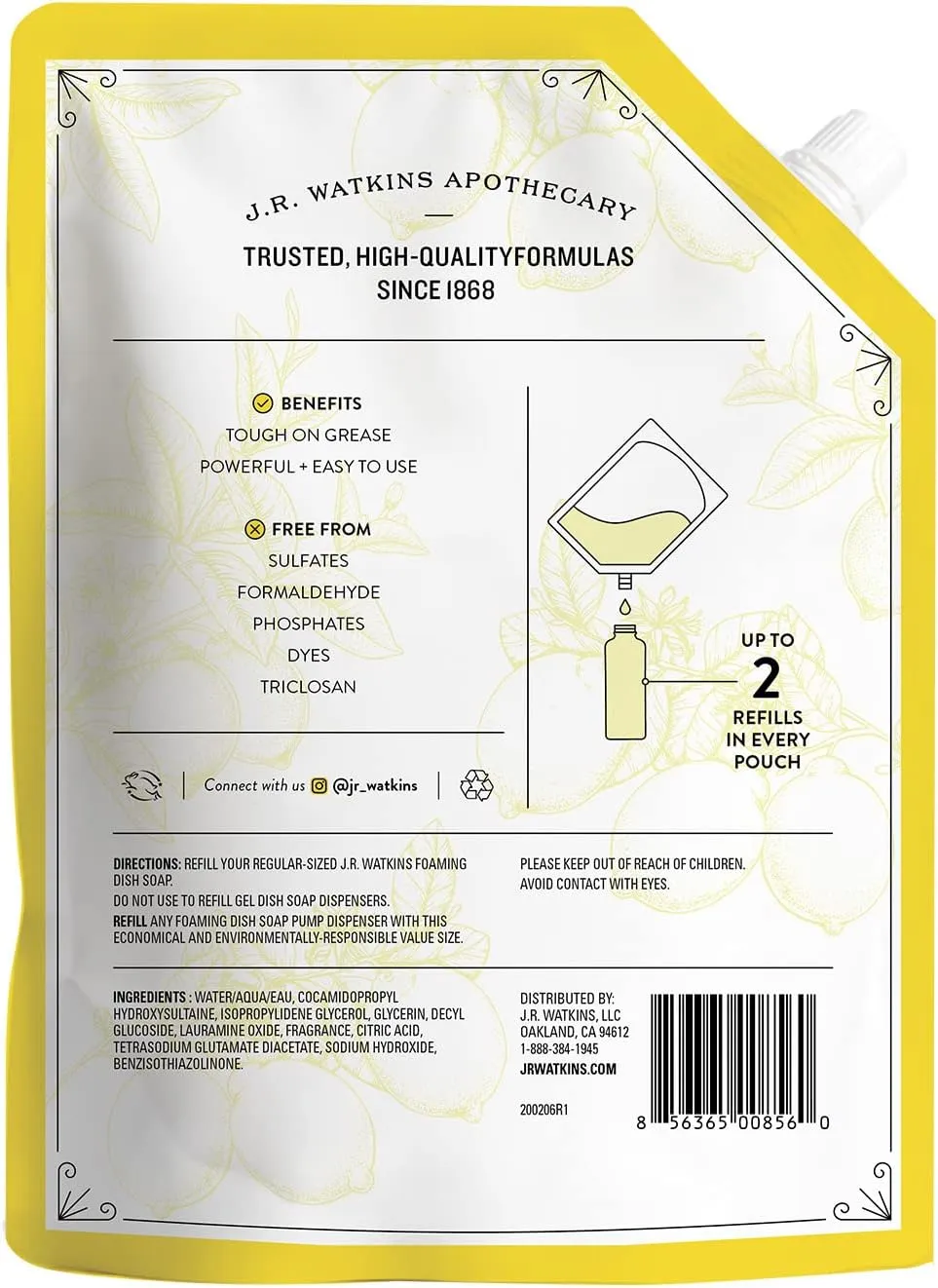J.R. Watkins Foaming Dish Soap Refill Pouch, Crafted Clean & Cruelty Free, Lemon, 32 fl oz, 6 Pack