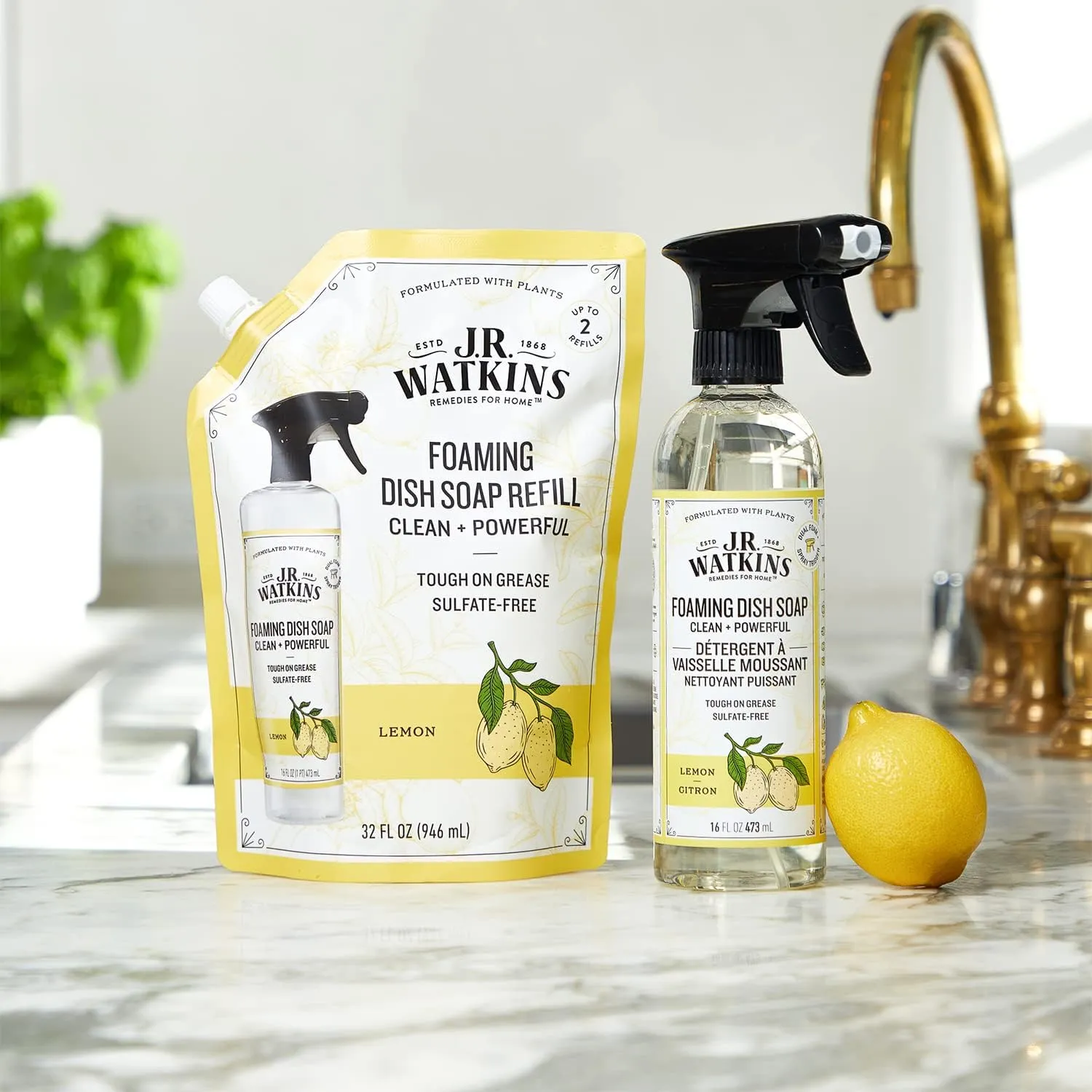 J.R. Watkins Foaming Dish Soap Refill Pouch, Crafted Clean & Cruelty Free, Lemon, 32 fl oz, 6 Pack