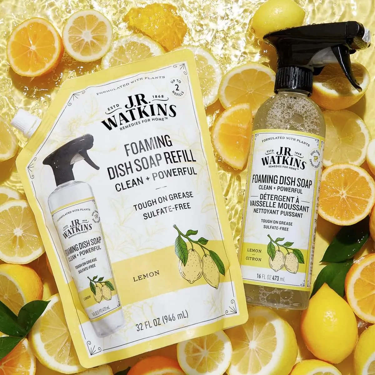 J.R. Watkins Foaming Dish Soap Refill Pouch, Crafted Clean & Cruelty Free, Lemon, 32 fl oz, 6 Pack