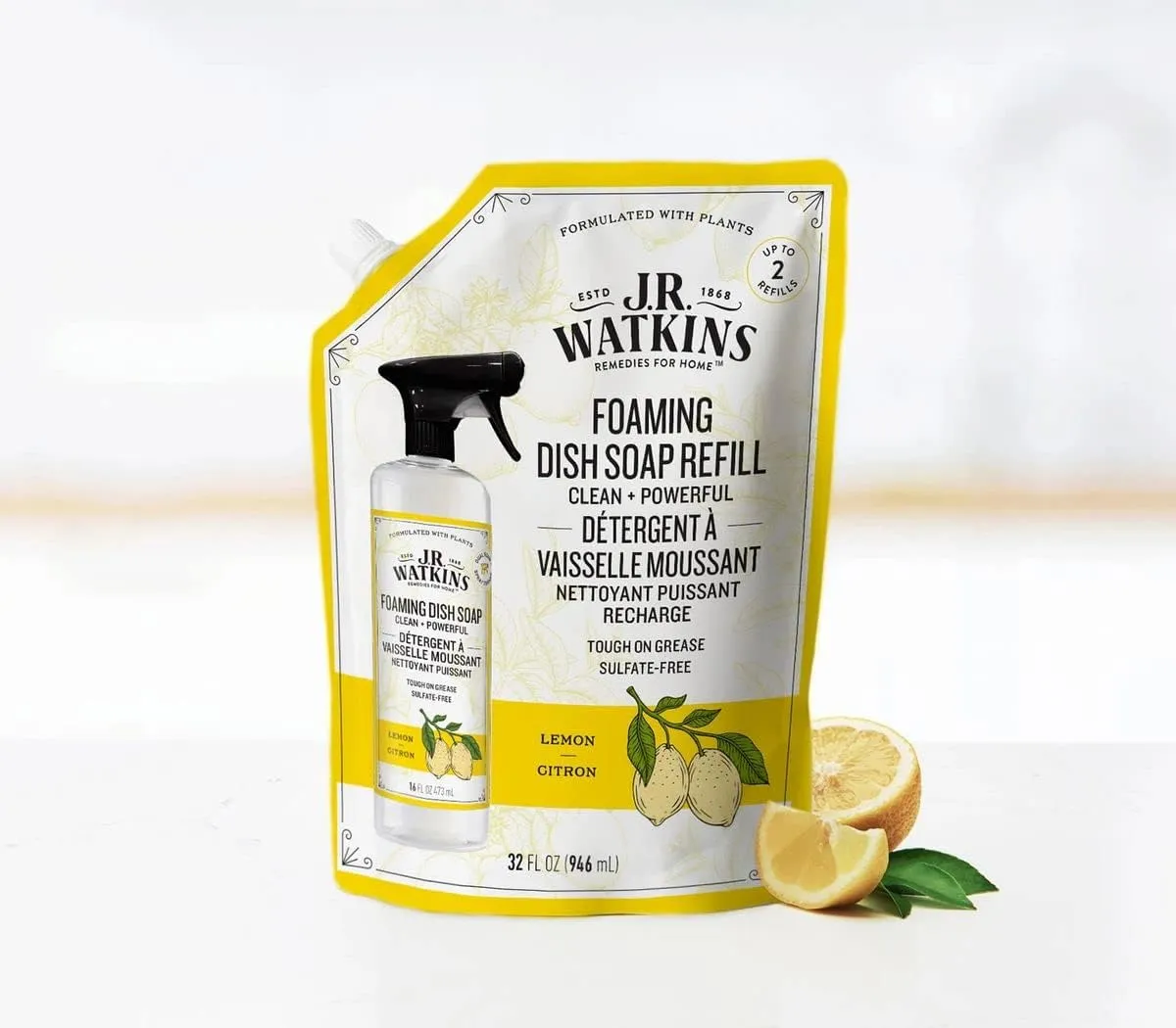 J.R. Watkins Foaming Dish Soap Refill Pouch, Crafted Clean & Cruelty Free, Lemon, 32 fl oz, 6 Pack
