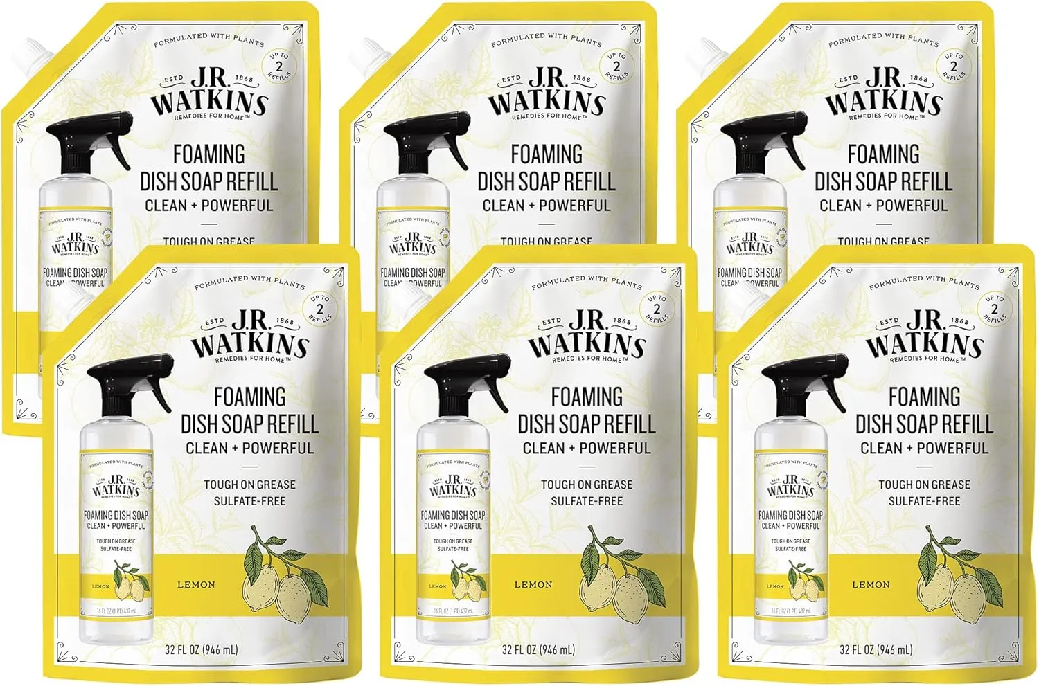 J.R. Watkins Foaming Dish Soap Refill Pouch, Crafted Clean & Cruelty Free, Lemon, 32 fl oz, 6 Pack
