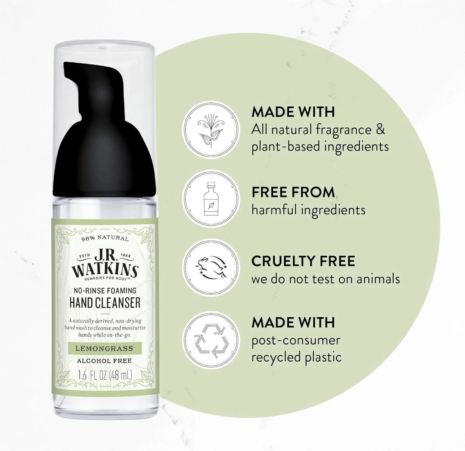 J.R. Watkins No-Rinse Foaming Hand Cleanser – Hand Soap in Pump Dispenser – Bathroom & Kitchen Foam Cleaner – All Natural, Alcohol Free, Lemongrass, 1.6 fl. Oz., 6 Pack