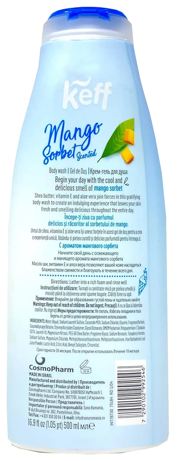 Keff Creamy Dessert Body Wash – Product of Israel, Moisturizing Body Wash with Shea Butter, Vitamin E, and Aloe Vera 16 Ounce (Pack of 2) (Jelly Bean & Mango Sorbet)