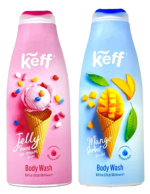 Keff Creamy Dessert Body Wash – Product of Israel, Moisturizing Body Wash with Shea Butter, Vitamin E, and Aloe Vera 16 Ounce (Pack of 2) (Jelly Bean & Mango Sorbet)