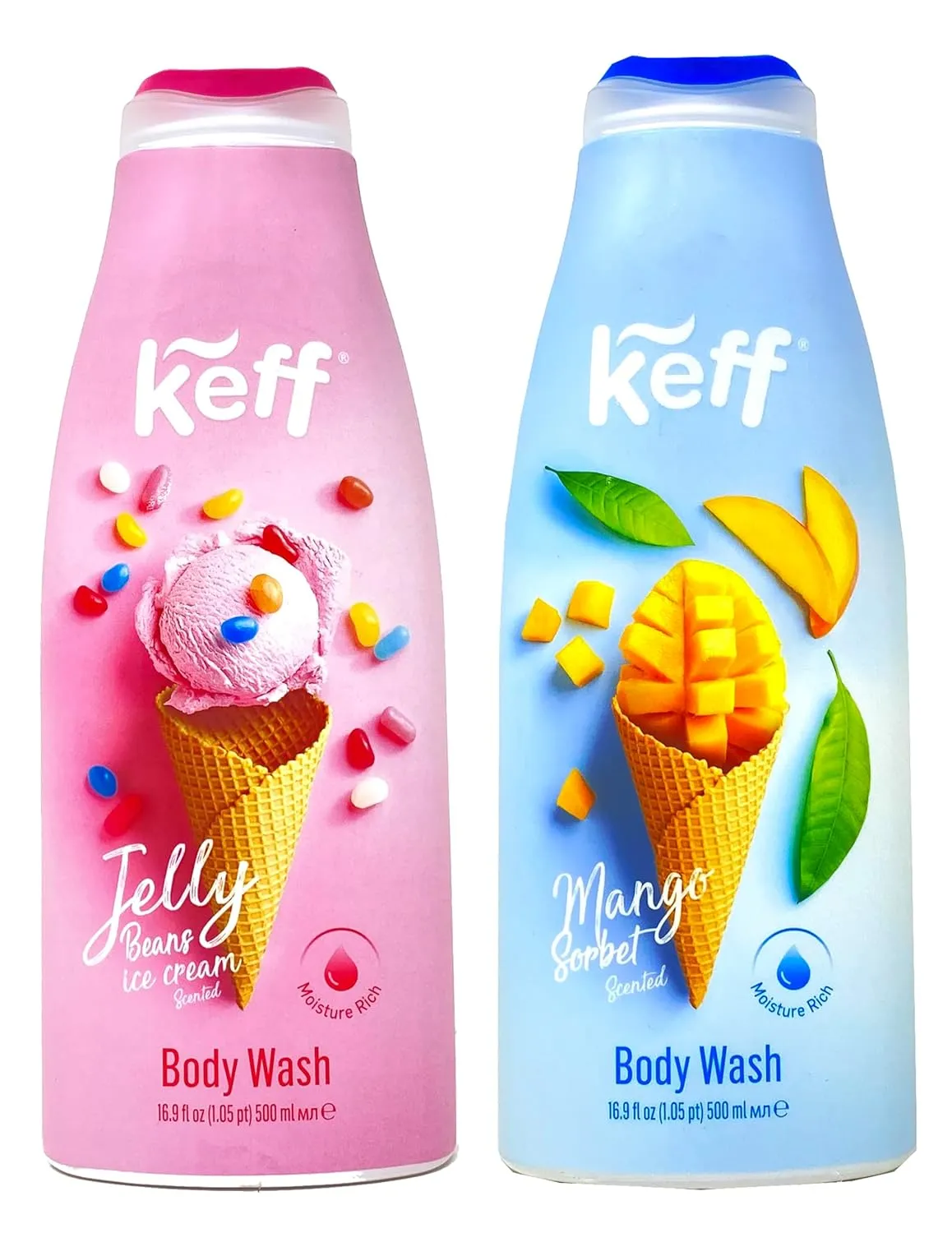 Keff Creamy Dessert Body Wash – Product of Israel, Moisturizing Body Wash with Shea Butter, Vitamin E, and Aloe Vera 16 Ounce (Pack of 2) (Jelly Bean & Mango Sorbet)