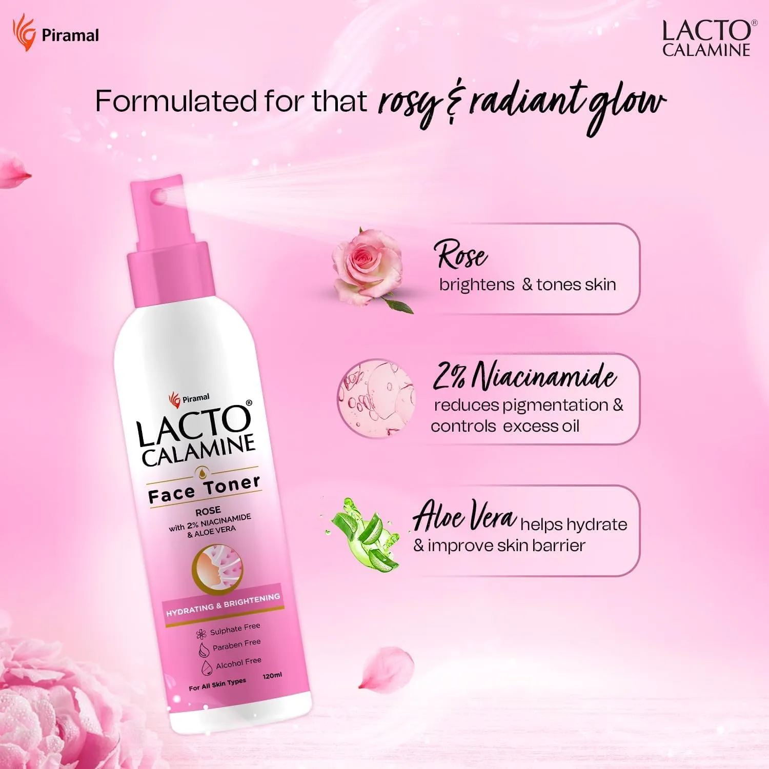 La.cto Calamine Rose Water Toner for Glowing Skin | 120ml | Gulab Jal Face Toner | Rosewater with Aloe Vera & 2% Niacinamide | No Sulphate, Alcohol, & Parabens (2)
