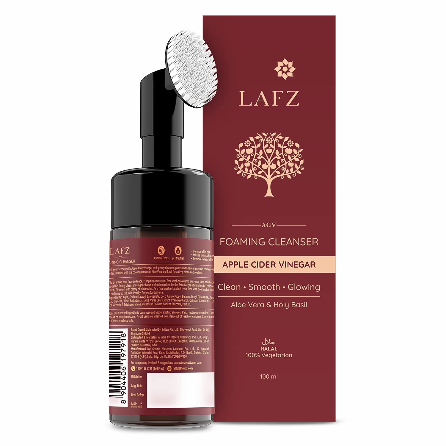 Lafz Apple Cider Vinegar Foaming Face Wash With Built-In Deep Cleansing Brush For Men & Women, 100 ml