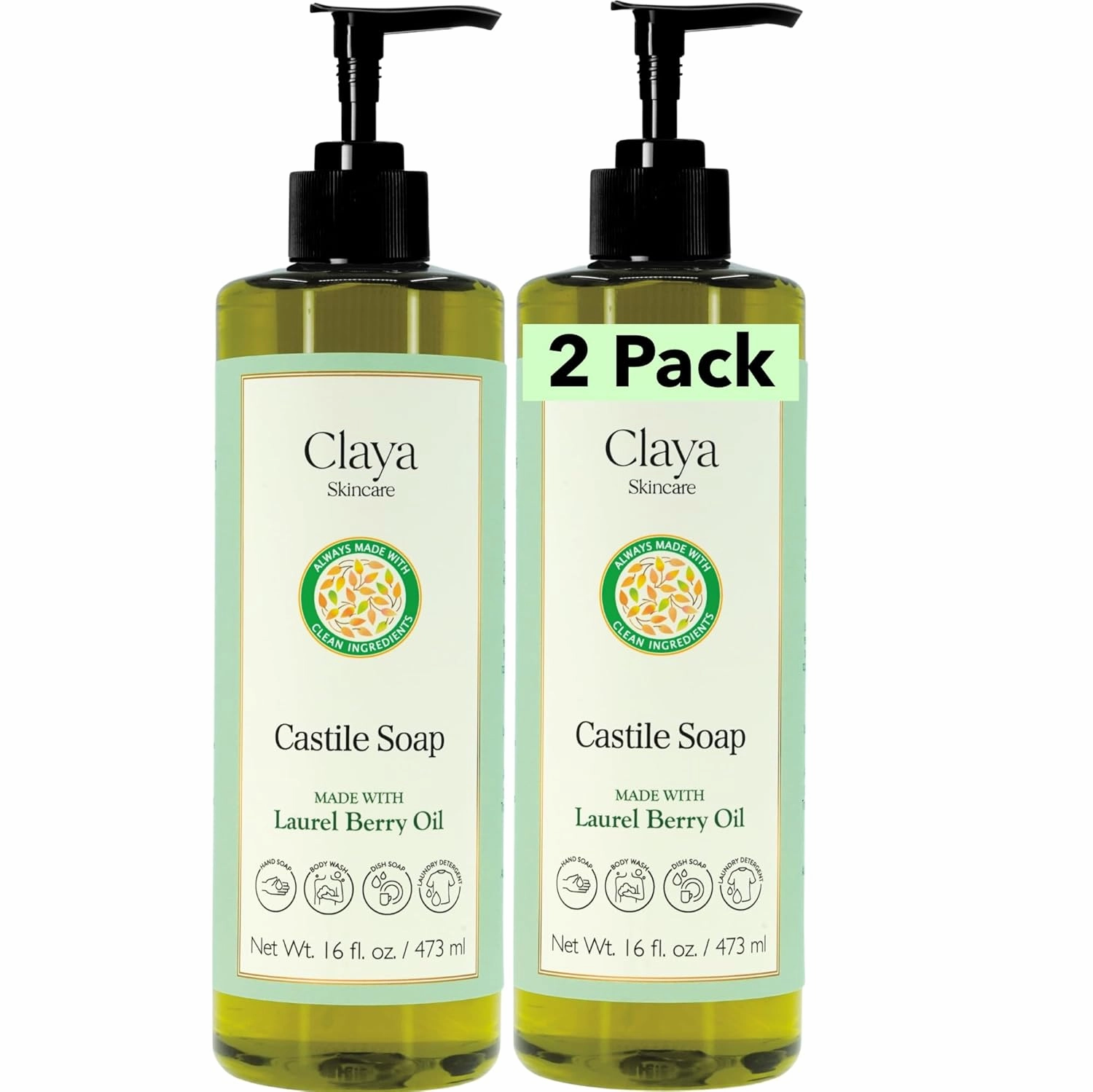 Laurel Berry Aleppo Liquid Castile Soap – Organic Ingredients, Biodegradable Soap, Gentle for Skin and Versatile Cleaning (2 Pack of 16 fl oz (Pump Cap))