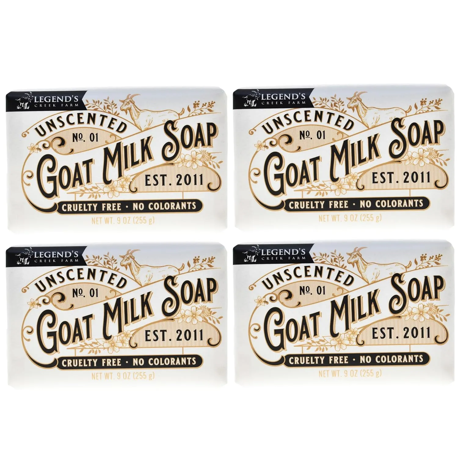 Legend's Creek Farm Goat Milk Soap - Triple Milled Cleansing Moisturizing Soap Bar for Hands and Body - 9 Oz Creamy Lather, Nourishing, Natural Soap for Sensitive Skin (Unscented, Pack of 4)