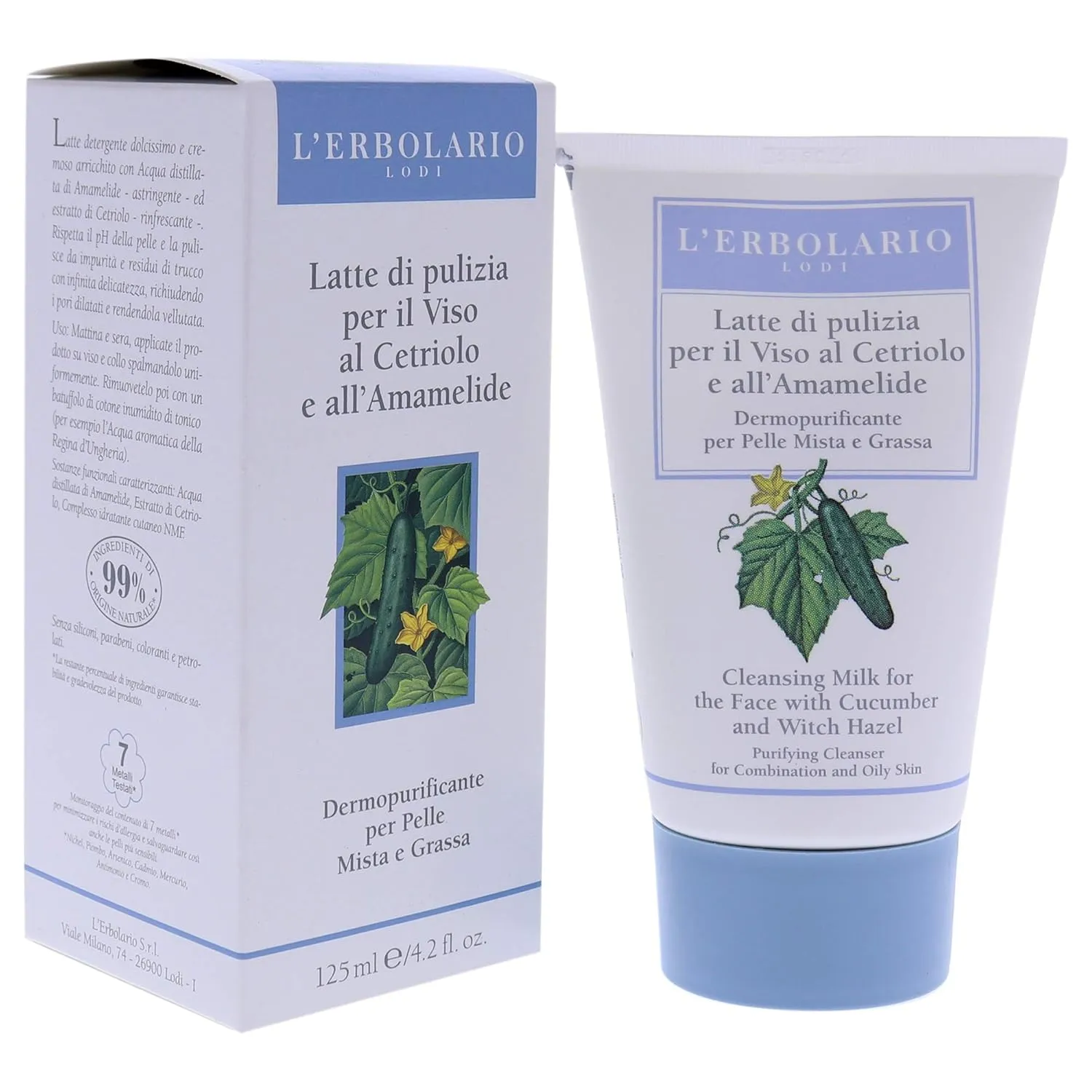 L'Erbolario Cucumber And Witch Hazel Cleansing Milk - Gentle, Creamy - Closes Up Any Dilated Pores - Leaving Your Skin Velvety Smooth - With Cucumber And Witch Hazel - For The Face - 4.2 Oz Cleanser