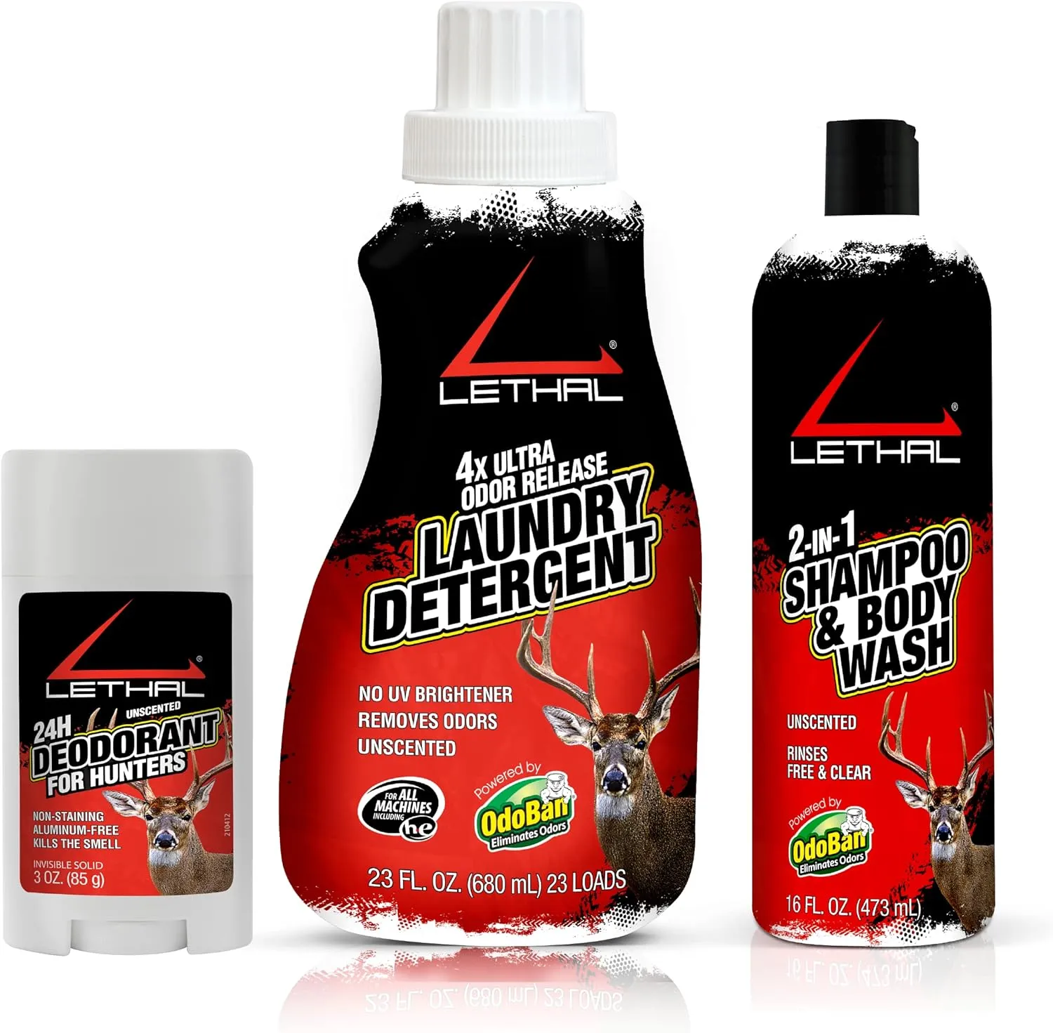 LETHAL Human Scent Eliminating Personal Care Bundle for Hunters, 2-in-1 Shampoo and Body Wash, Deodorant Stick, 4X Ultra Odor Release Laundry Detergent, Unscented