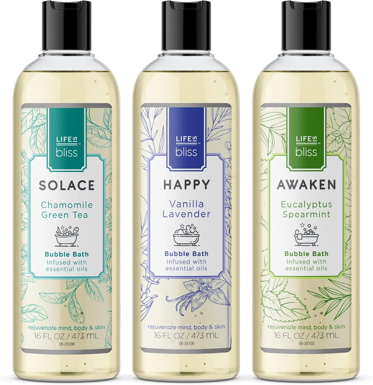 Life is Bliss | 3 Fresh & Soothing Scents | Variety Pack | Liquid Bubble Bath 16 fl oz
