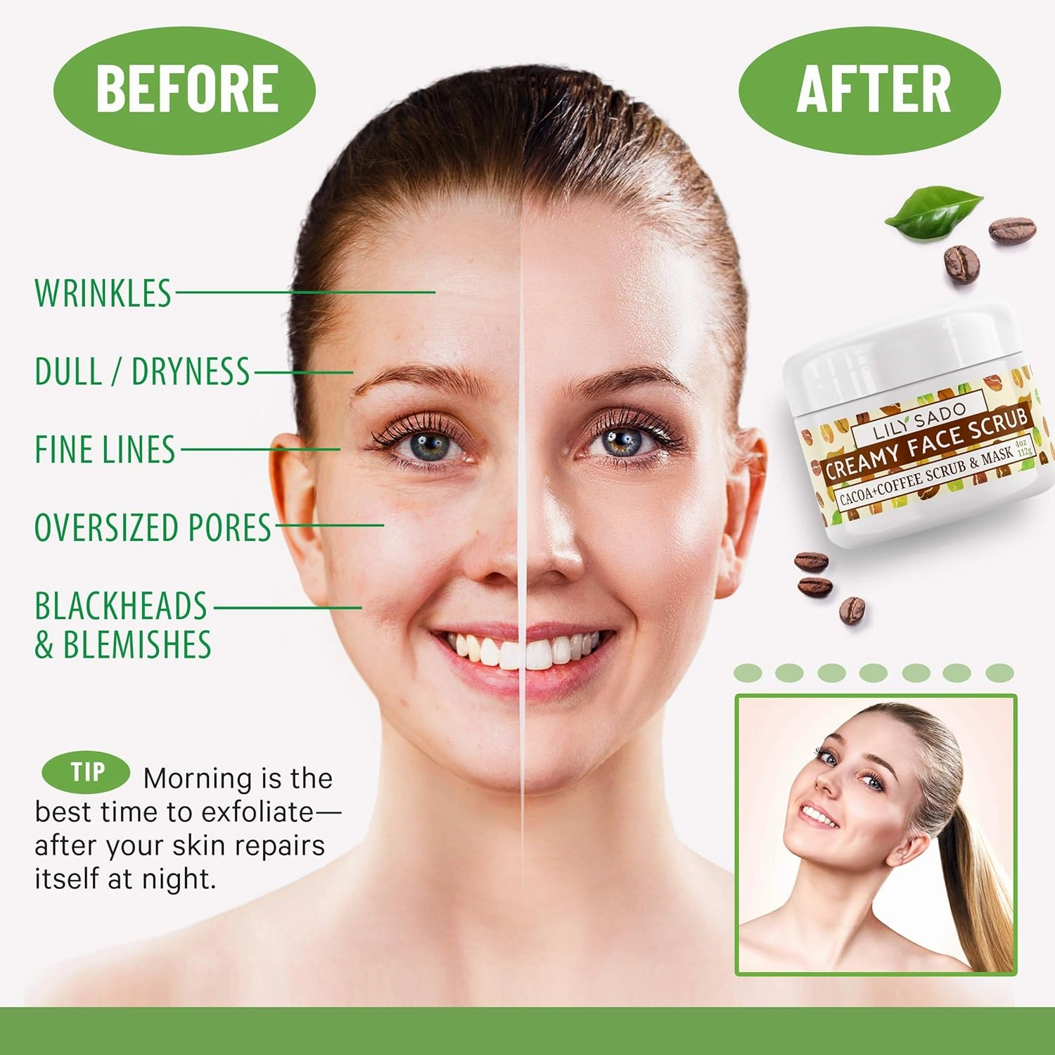 LILY SADO LILY SADO Cocoa & Coffee Creamy Face Scrub - Best Exfoliating VEGAN Facial Cleanser for Women & Men - Natural Face Wash Exfoliates & Energizes Skin, Treats Acne & Reduces Pore Size - 4 oz