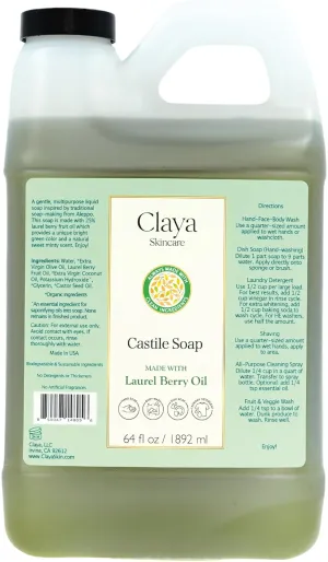 Liquid Castile Soap – Organic Ingredients, Biodegradable, Gentle for Sensitive Skin and Versatile Use (64 fl oz, Laurel Berry)