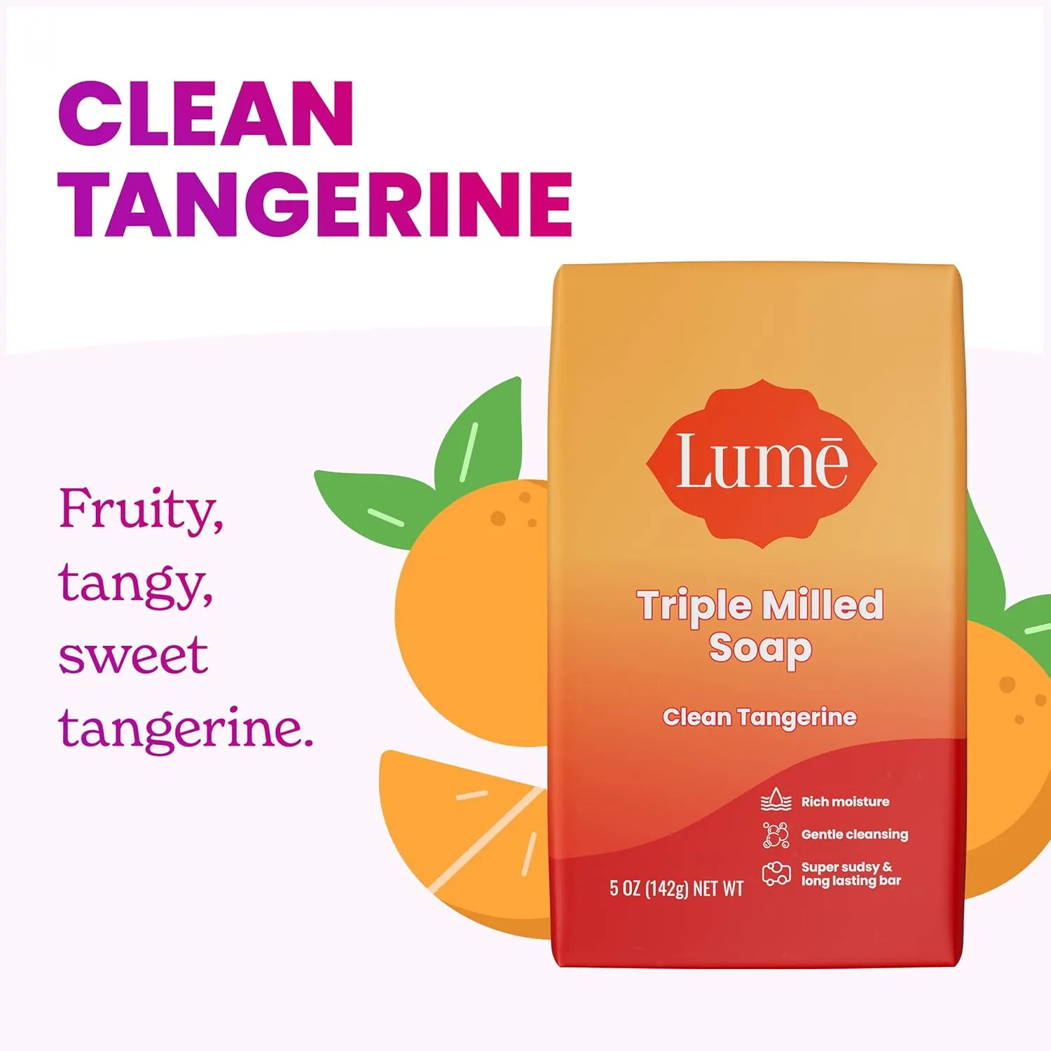 Lume Triple Milled Bar Soap - Rich Moisture & Gentle Cleansing - Paraben Free, Phthalate Free, Skin Safe - 5 ounce (Pack of 4) (Clean Tangerine)