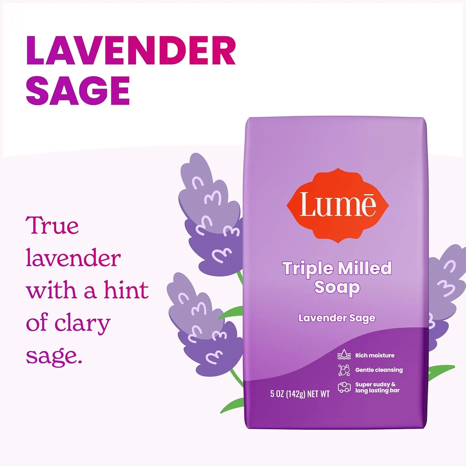 Lume Triple Milled Bar Soap - Rich Moisture & Gentle Cleansing - Paraben Free, Phthalate Free, Skin Safe - 5 ounce (Pack of 4) (Lavender Sage)
