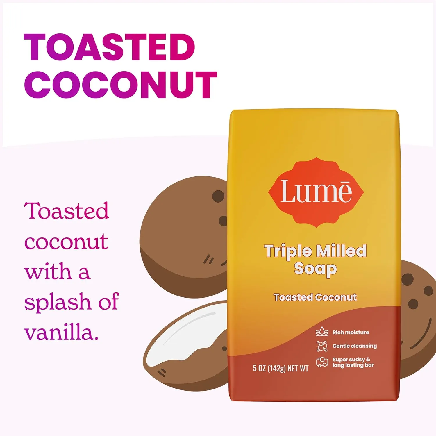Lume Triple Milled Bar Soap - Rich Moisture & Gentle Cleansing - Paraben Free, Phthalate Free, Skin Safe - 5 ounce (Pack of 4) (Toasted Coconut)