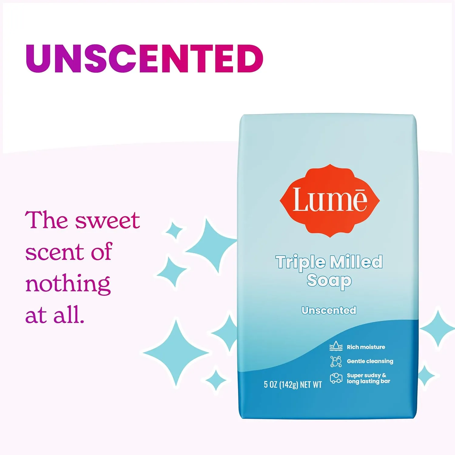 Lume Triple Milled Bar Soap - Rich Moisture & Gentle Cleansing - Paraben Free, Phthalate Free, Skin Safe - 5 ounce (Pack of 4) (Unscented)