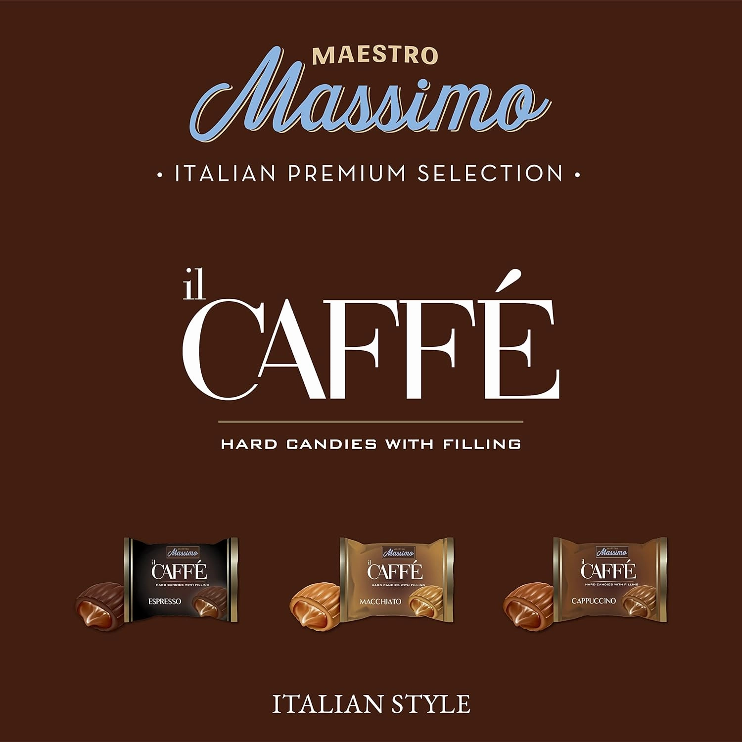 Maestro Massimo Center Filled Hard Coffee Candy, Individually Wrapped, Macchiato, Espresso, Cappuccino Flavored Caffeine Candies 2.2 Pound Bulk Bag, Variety Pack of 1