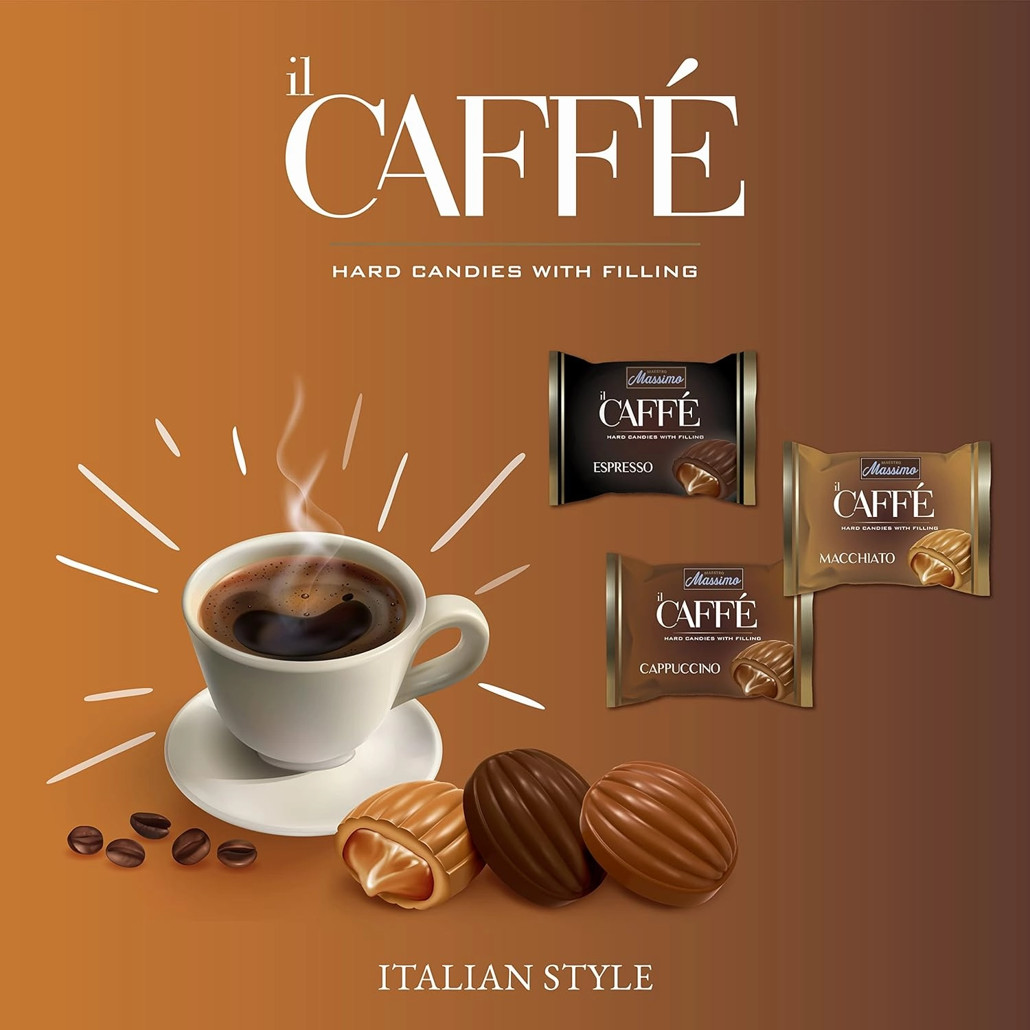 Maestro Massimo Center Filled Hard Coffee Candy, Individually Wrapped, Macchiato, Espresso, Cappuccino Flavored Caffeine Candies 2.2 Pound Bulk Bag, Variety Pack of 1