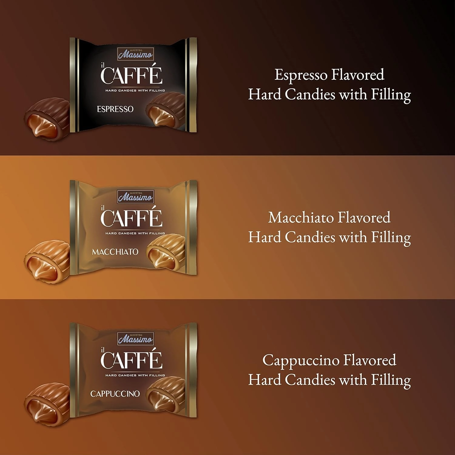 Maestro Massimo Center Filled Hard Coffee Candy, Individually Wrapped, Macchiato, Espresso, Cappuccino Flavored Caffeine Candies 2.2 Pound Bulk Bag, Variety Pack of 1