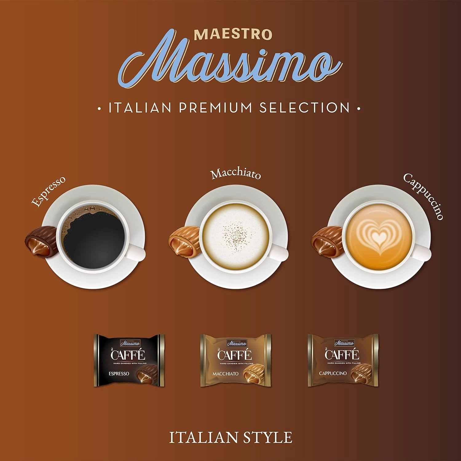 Maestro Massimo Center Filled Hard Coffee Candy, Individually Wrapped, Macchiato, Espresso, Cappuccino Flavored Caffeine Candies 2.2 Pound Bulk Bag, Variety Pack of 1