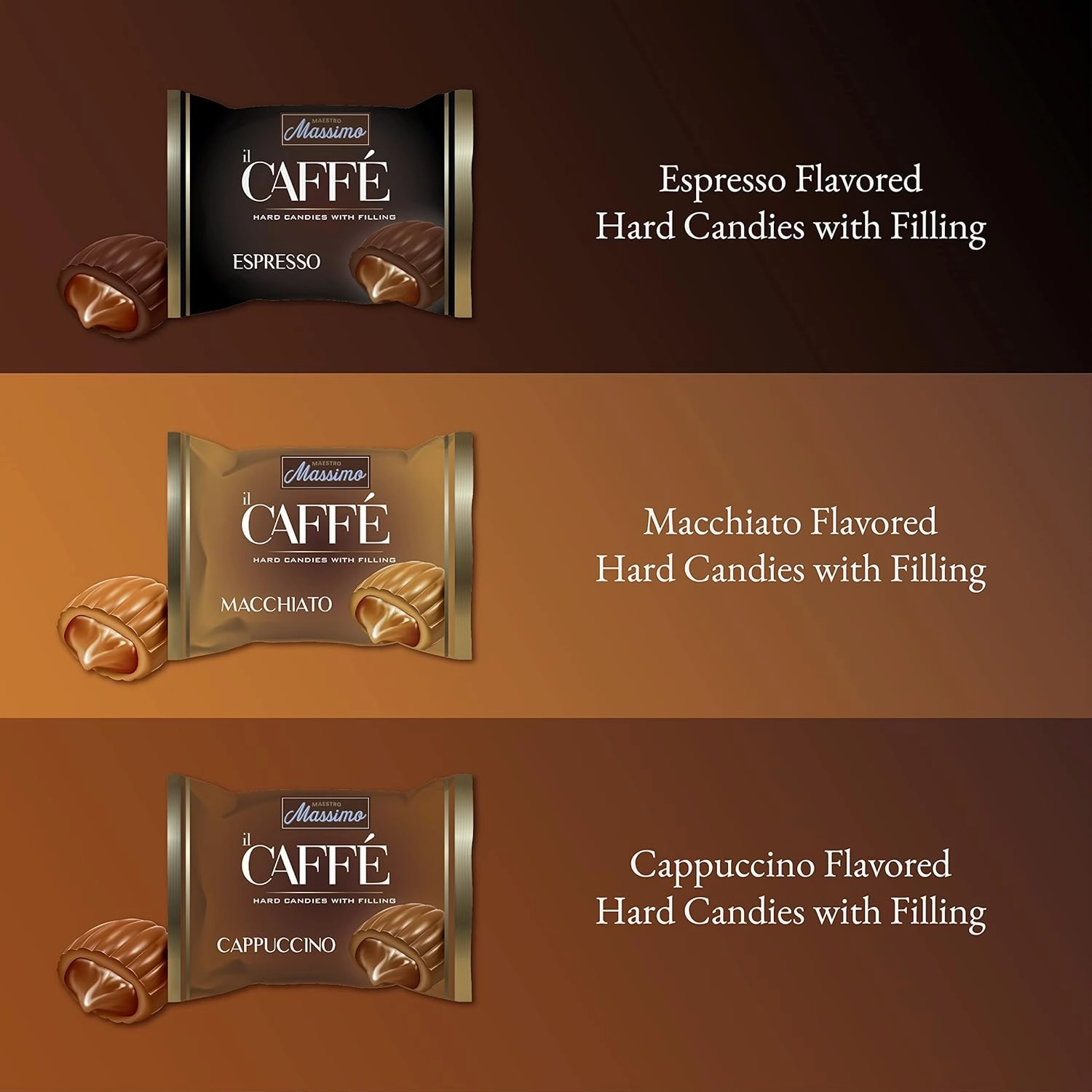 Maestro Massimo Center Filled Hard Coffee Candy, Individually Wrapped, Macchiato, Espresso, Cappuccino Flavored Caffeine Candies 2.2 Pound Bulk Bag, Variety Pack of 1