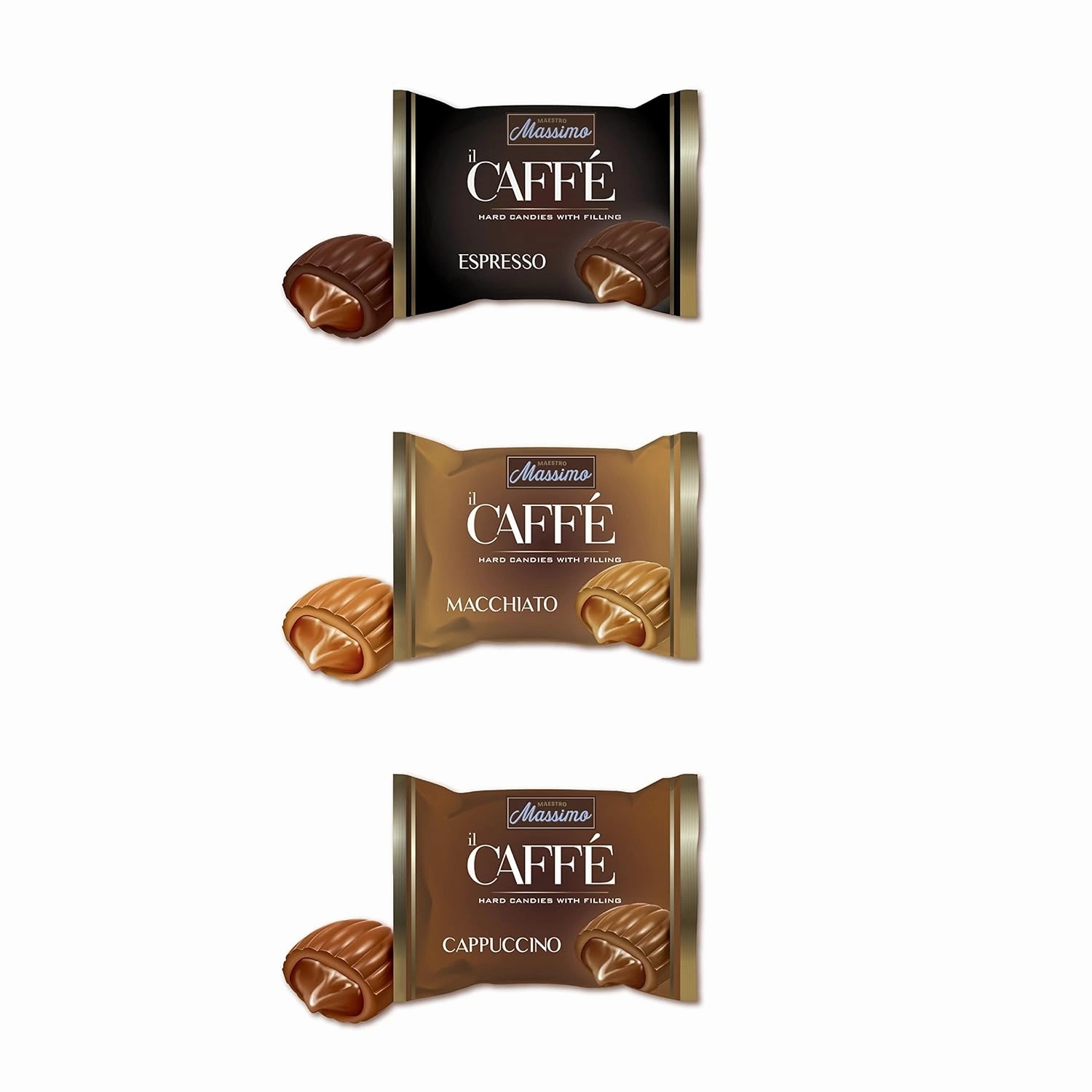 Maestro Massimo Center Filled Hard Coffee Candy, Individually Wrapped, Macchiato, Espresso, Cappuccino Flavored Caffeine Candies 2.2 Pound Bulk Bag, Variety Pack of 1