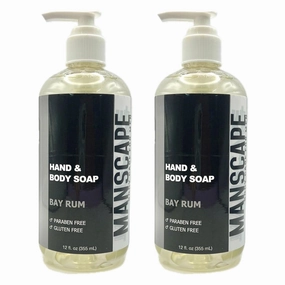 MANSCAPE Hand and Body Liquid Soap - Bay Rum Scent | Rich foaming lather | Paraben-free | Plant Based Ingredients | | 12oz pump bottle | Pack of 2